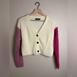 Women’s PrettyLittleThing Pink Color Block Button Up Cropped Cardigan size S